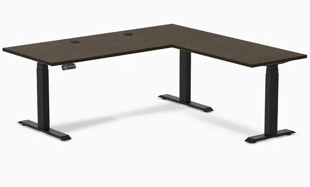 Main image of Desky Bamboo L-Shape Sit Stand Desk - Dark Bamboo / 72 x 30 x 70 x 24 in with Grommets / Matte Black