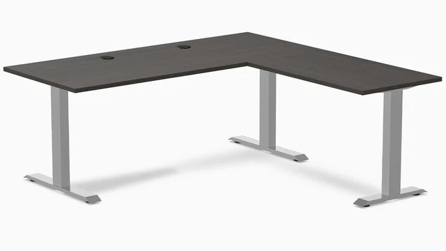 Main image of Desky Zero Laminate L-Shape Office Desk - Burnished Wood / 70.9 x 29.5 x 68.9 x 23.6 in with Grommets / Gray