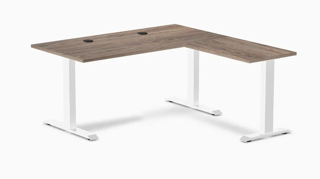 Main image of Desky Zero Laminate L-Shape Office Desk - Natural Walnut / 59 x 29.5 x 61 x 19.7 in with Grommets / White