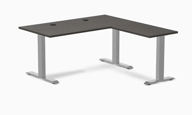 Main image of Desky Zero Laminate L-Shape Office Desk - Burnished Wood / 59 x 29.5 x 61 x 19.7 in with Grommets / Gray