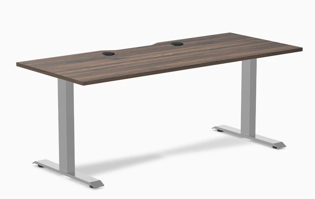 Main image of Desky Zero Scalloped Laminate Office Desk - Jarrah Legno / 70.9 x 29.5 in with Grommets / Gray