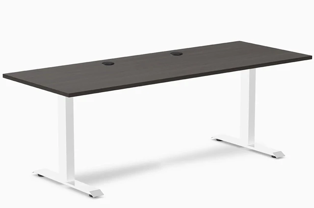 Main image of Desky Zero Laminate Office Desk - Burnished Wood / 78.7 x 29.5 in with Grommets / White