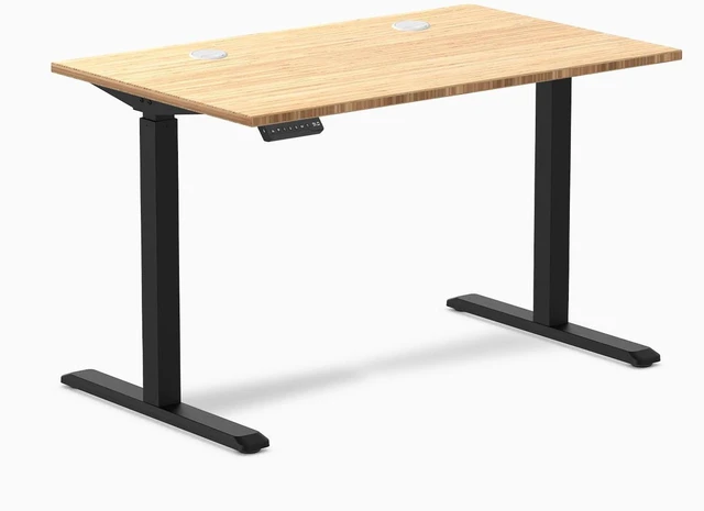 Main image of Desky Single Sit Stand Desk - Bamboo / 47.2 x 29.5 in with Grommets / Black