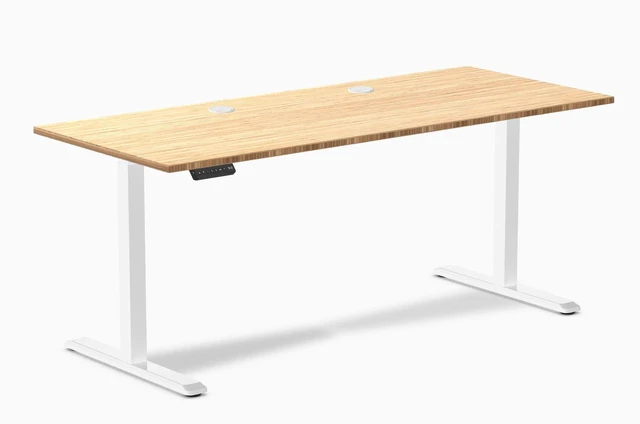 Main image of Desky Single Sit Stand Desk - Bamboo / 70.9 x 29.5 in with Grommets / White