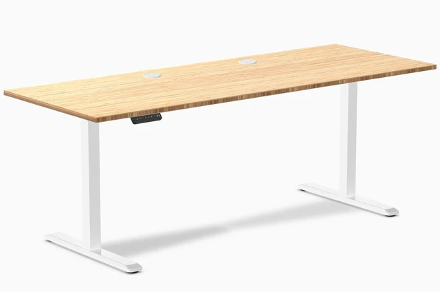 Main image of Desky Single Sit Stand Desk - Bamboo / 78.7 x 29.5 in with Grommets / White