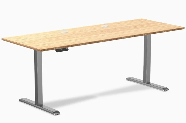 Main image of Desky Single Sit Stand Desk - Bamboo / 78.7 x 29.5 in with Grommets / Space Gray