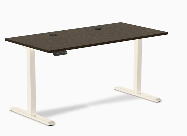 Main image of Desky Single Sit Stand Desk - Dark Bamboo / 59 x 29.5 in with Grommets / Wheat
