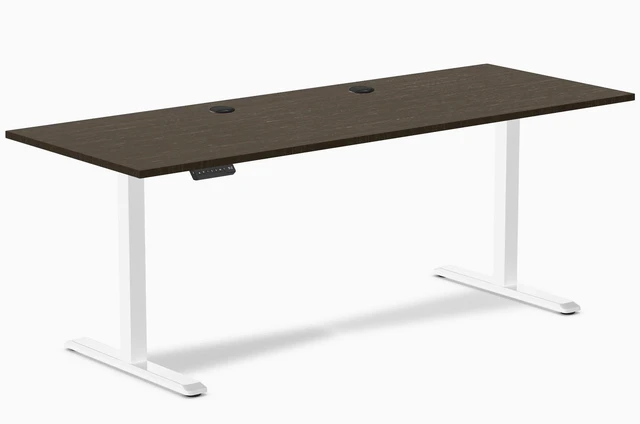Main image of Desky Single Sit Stand Desk - Dark Bamboo / 78.7 x 29.5 in with Grommets / White