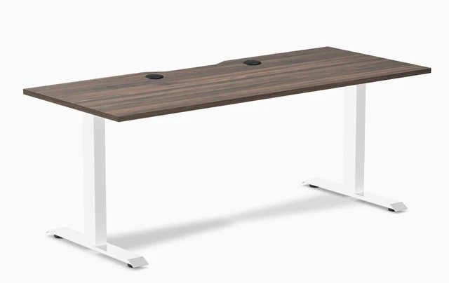 Main image of Desky Zero Scalloped Laminate Office Desk - Jarrah Legno / 70.9 x 29.5 in with Grommets / White
