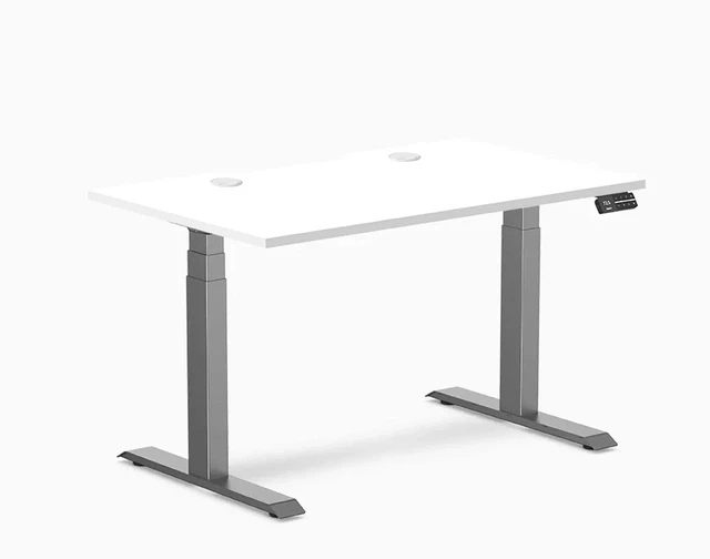 Main image of Desky Dual Scalloped Laminate Sit Stand Desk - White / 47.2 x 29.5 inches with Grommets / Space Grey