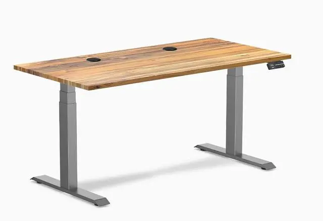 Main image of Desky Dual Hardwood Sit Stand Desk - Teak / 60 x 30 inches with Grommets / Space Grey