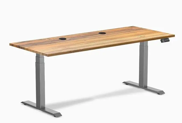 Main image of Desky Dual Hardwood Sit Stand Desk - Teak / 72 x 30 inches with Grommets / Space Grey