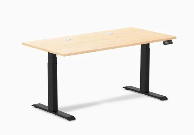 Main image of Desky Dual Hardwood Sit Stand Desk - Maple / 60 x 30 inches with Grommets / Matte Black