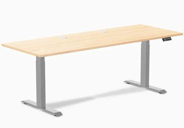 Main image of Desky Dual Hardwood Sit Stand Desk - Maple / 80 x 30 inches with Grommets / Grey