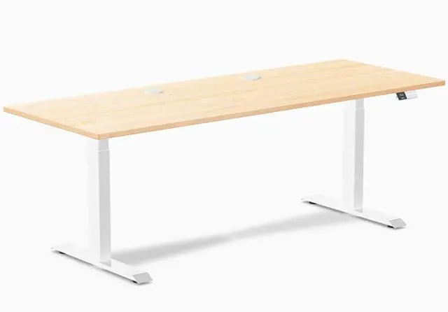 Main image of Desky Dual Hardwood Sit Stand Desk - Maple / 80 x 30 inches with Grommets / White