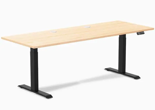 Main image of Desky Dual Hardwood Sit Stand Desk - Maple / 80 x 30 inches with Grommets / Matte Black