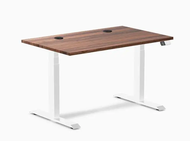 Main image of Desky Dual Hardwood Sit Stand Desk - Walnut / 48 x 30 inches with Grommets / White