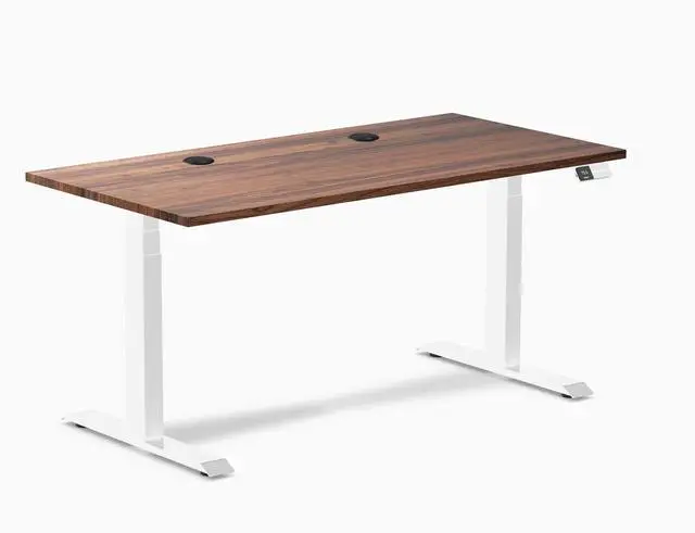 Main image of Desky Dual Hardwood Sit Stand Desk - Walnut / 60 x 30 inches with Grommets / White