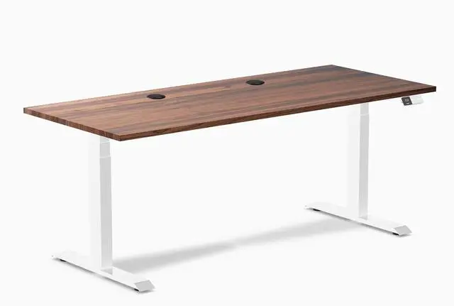 Main image of Desky Dual Hardwood Sit Stand Desk - Walnut / 72 x 30 inches with Grommets / White