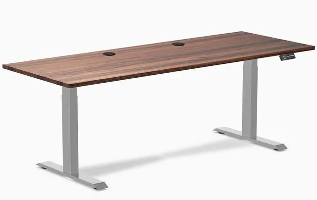 Main image of Desky Dual Hardwood Sit Stand Desk - Walnut / 80 x 30 inches with Grommets / Grey