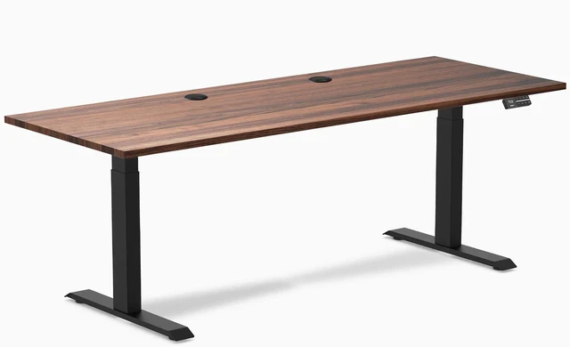 Main image of Desky Dual Hardwood Sit Stand Desk - Walnut / 80 x 30 inches with Grommets / Matte Black