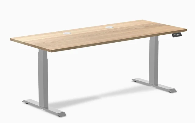 Main image of Desky Dual Hardwood Sit Stand Desk - White Ash / 80 x 30 inches with Grommets / Grey
