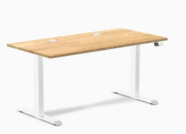 Main image of Desky Dual Hardwood Sit Stand Desk - White Oak / 60 x 30 inches with Grommets / White