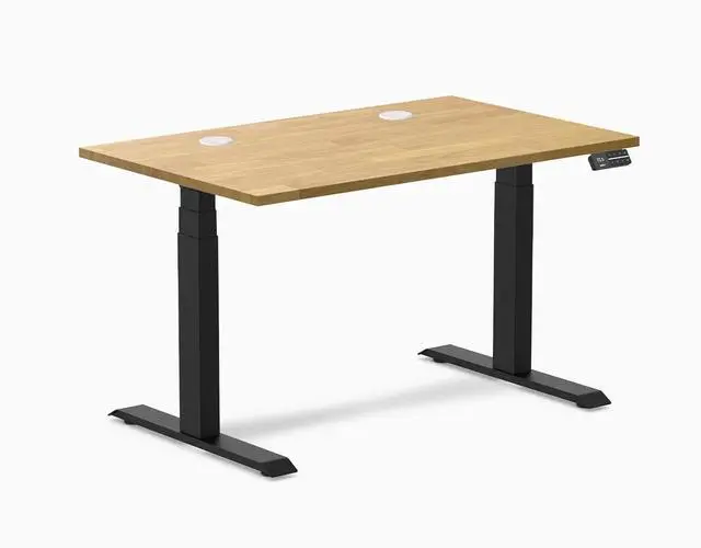 Main image of Desky Dual Rubberwood Sit Stand Desk - Light Oak / 48 x 30 inches with Grommets / Matte Black