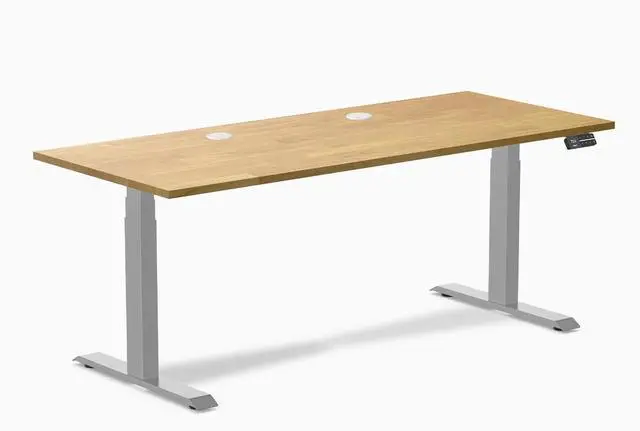 Main image of Desky Dual Rubberwood Sit Stand Desk - Light Oak / 72 x 30 inches with Grommets / Grey