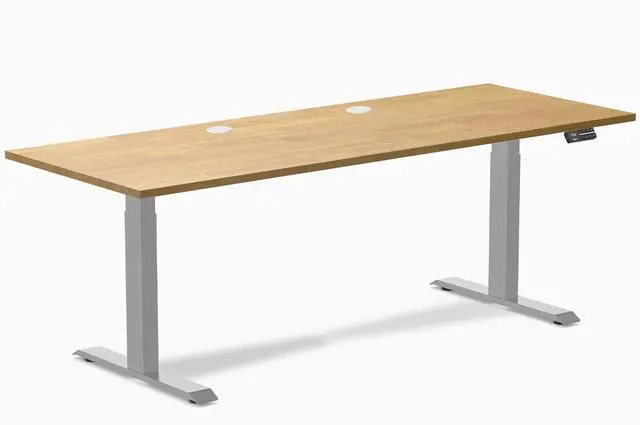 Main image of Desky Dual Rubberwood Sit Stand Desk - Light Oak / 80 x 30 inches with Grommets / Grey