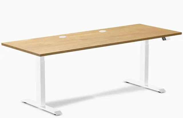 Main image of Desky Dual Rubberwood Sit Stand Desk - Light Oak / 80 x 30 inches with Grommets / White