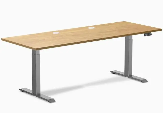 Main image of Desky Dual Rubberwood Sit Stand Desk - Light Oak / 80 x 30 inches with Grommets / Space Grey