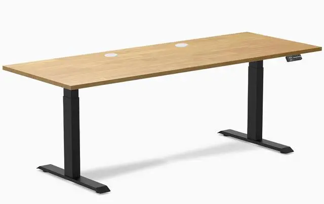 Main image of Desky Dual Rubberwood Sit Stand Desk - Light Oak / 80 x 30 inches with Grommets / Matte Black