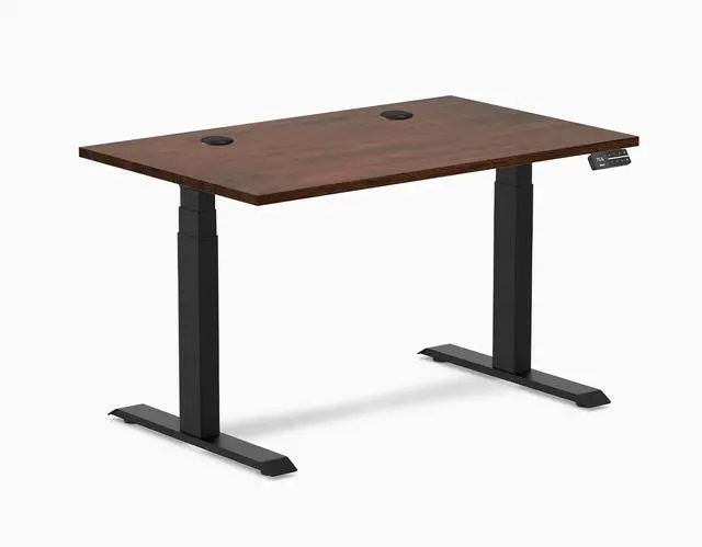 Main image of Desky Dual Rubberwood Sit Stand Desk - Red Walnut / 48 x 30 inches with Grommets / Matte Black