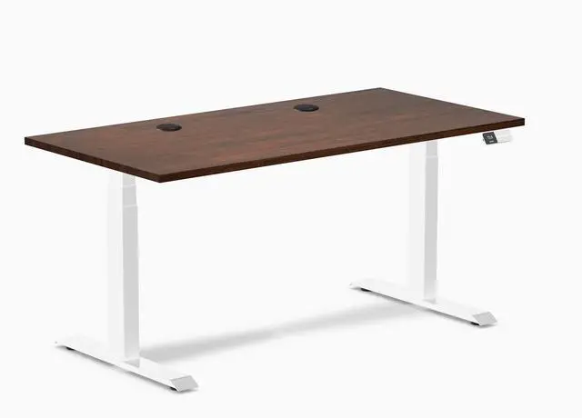 Main image of Desky Dual Rubberwood Sit Stand Desk - Red Walnut / 60 x 30 inches with Grommets / White