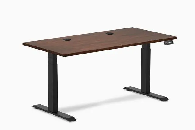 Main image of Desky Dual Rubberwood Sit Stand Desk - Red Walnut / 60 x 30 inches with Grommets / Matte Black