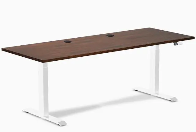Main image of Desky Dual Rubberwood Sit Stand Desk - Red Walnut / 80 x 30 inches with Grommets / White