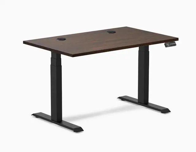 Main image of Desky Dual Rubberwood Sit Stand Desk - Dark Walnut / 48 x 30 inches with Grommets / Matte Black