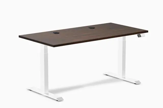 Main image of Desky Dual Rubberwood Sit Stand Desk - Dark Walnut / 60 x 30 inches with Grommets / White