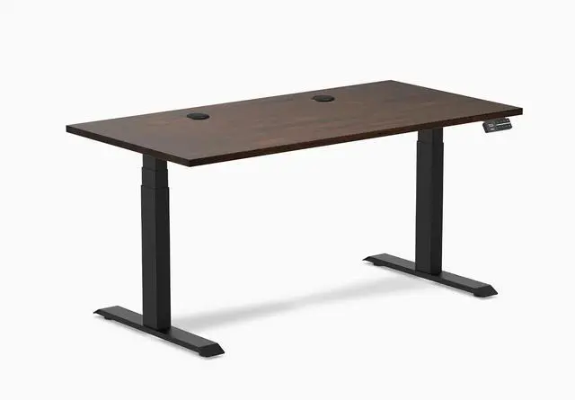 Main image of Desky Dual Rubberwood Sit Stand Desk - Dark Walnut / 60 x 30 inches with Grommets / Matte Black