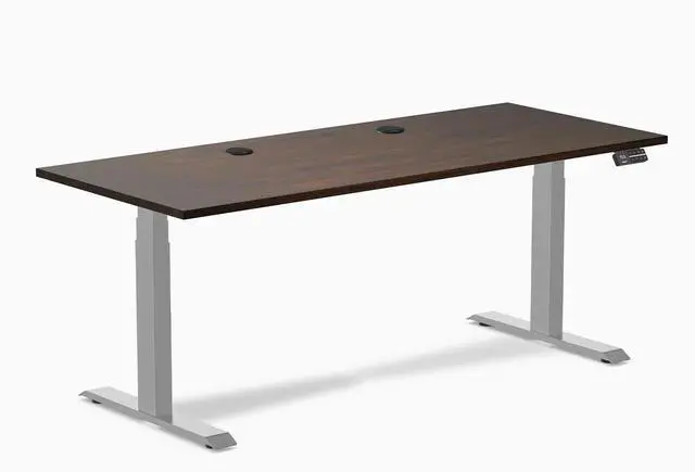 Main image of Desky Dual Rubberwood Sit Stand Desk - Dark Walnut / 72 x 30 inches with Grommets / Grey