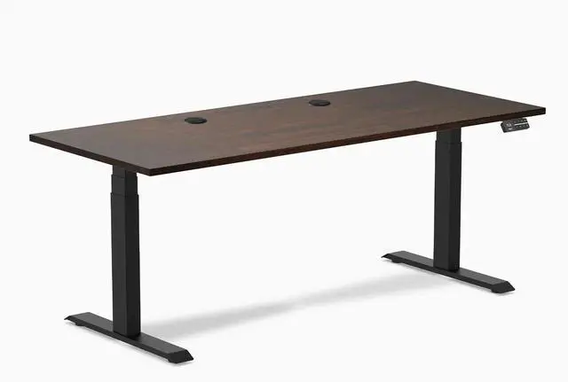 Main image of Desky Dual Rubberwood Sit Stand Desk - Dark Walnut / 72 x 30 inches with Grommets / Matte Black