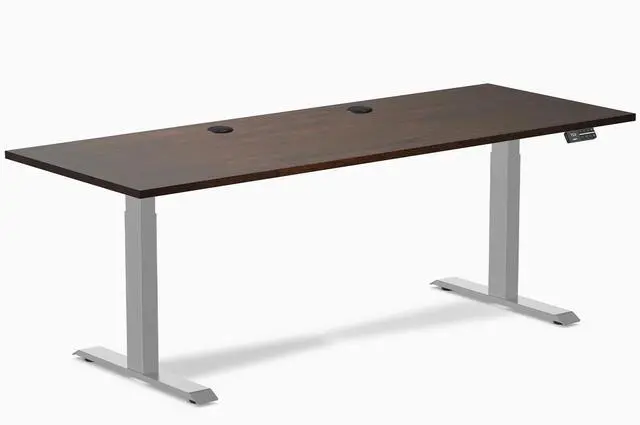 Main image of Desky Dual Rubberwood Sit Stand Desk - Dark Walnut / 80 x 30 inches with Grommets / Grey