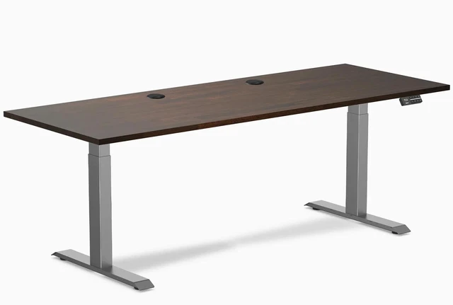 Main image of Desky Dual Rubberwood Sit Stand Desk - Dark Walnut / 80 x 30 inches with Grommets / Space Grey