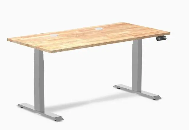 Main image of Desky Dual Rubberwood Sit Stand Desk - Natural Timber / 60 x 30 inches with Grommets / Grey