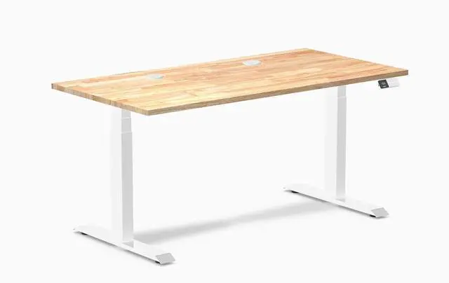 Main image of Desky Dual Rubberwood Sit Stand Desk - Natural Timber / 60 x 30 inches with Grommets / White