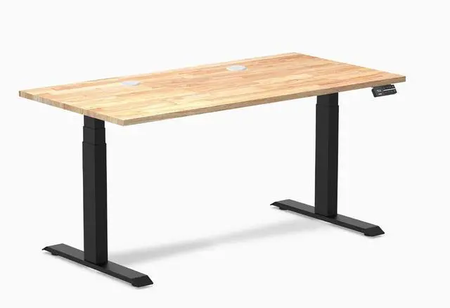 Main image of Desky Dual Rubberwood Sit Stand Desk - Natural Timber / 60 x 30 inches with Grommets / Matte Black