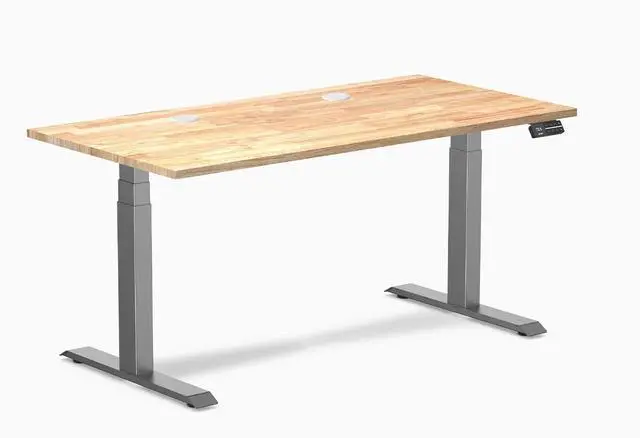 Main image of Desky Dual Rubberwood Sit Stand Desk - Natural Timber / 60 x 30 inches with Grommets / Space Grey