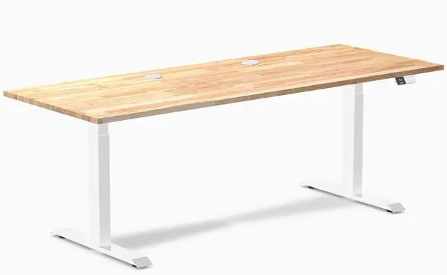 Main image of Desky Dual Rubberwood Sit Stand Desk - Natural Timber / 80 x 30 inches with Grommets / White