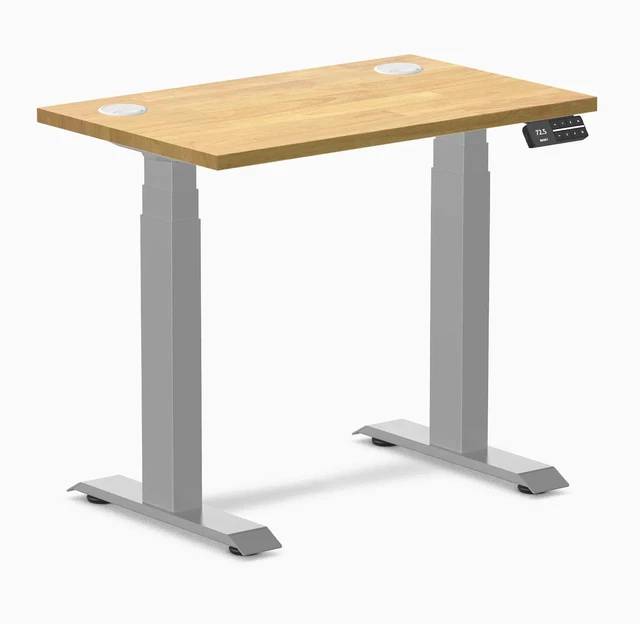 Main image of Desky Dual Mini Rubberwood Sit Stand Desk - Light Oak / 32 x 20 inches with Grommets / Grey